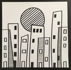 a black and white drawing of buildings with a large round object in the middle of them