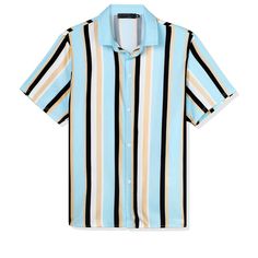 Made from lightweight fabric, this shirt is comfortable to wear and will keep you cool in the summer. The classic-fit shirt tapers throughout the body and hem for a casual look. You can pair it with pants, jeans, or shorts to complete your casual look. Add a stylish outfit option to your everyday wardrobe with this unique striped short-sleeved shirt. Summer Blue Shirt With Camp Collar, Blue Camp Collar Shirt For Summer, Light Blue Collared Camp Shirt For Summer, Light Blue Collared Shirt For Vacation, Summer Light Blue Collared Camp Shirt, Light Blue Summer Shirt With Button Closure, Light Blue Short Sleeve Camp Shirt For Summer, Light Blue Summer Vacation Shirt, Blue Short Sleeve Shirt With Button Closure For Summer