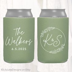 two green can coolers with the names and initials on them, sitting next to each other