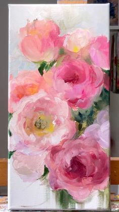 an oil painting of pink flowers in a vase