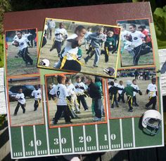 several photos of young children playing football on a field with grass and trees in the background