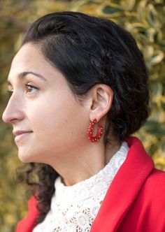 Vintage Studded Red Hoop Earrings, Gold and Black Hoop Post Earrings, Blue Lucite Jewelry, Red Earri Red Hoop Jewelry For Festive Occasions, Elegant Small Hoop Red Earrings, Festive Red Hoop Jewelry, Red Small Hoop Earrings For Party, Small Red Hoop Earrings For Party, Red Single Hoop Earring For Party, Elegant Red Small Hoop Earrings, Elegant Small Red Hoop Earrings, Festive Red Hoop Earrings For Pierced Ears