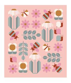 an art print with flowers and leaves in pink, blue, orange and brown colors