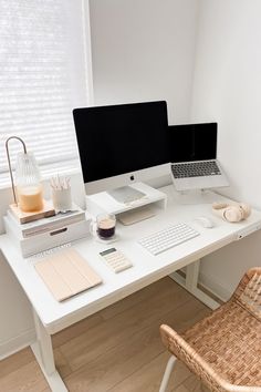 neutral minimalist aesthetic work from home set up Wfh Desk Setup, Neutral Minimalist Aesthetic, Aesthetic Work From Home, Minimalist Home Office, Work Office Decor, Cozy Home Office, Desk Inspiration, Electric Standing Desk, Cubicle Decor