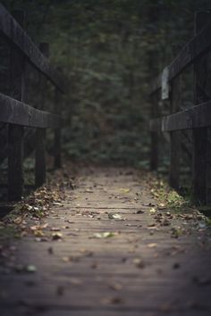 a wooden bridge with leaves on the ground