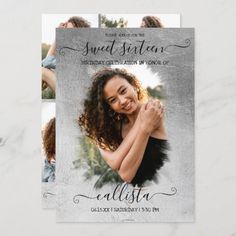 a graduation announcement card with an image of a woman smiling and holding her hand on her chest