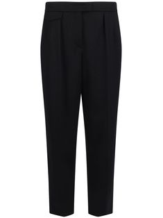 black wool concealed front fastening high-waisted pleat detailing two side slit pockets two rear welt pockets tailored cut tapered leg Armani Black, Tuxedo Pants, Embroidered Pants, Silk Trousers, Tapered Trousers, Wool Trousers, Iconic Bags, Wool Pants, Exclusive Fashion