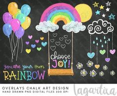 chalkboard drawing with rainbows and balloons