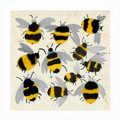 a group of yellow and black bees sitting on top of each other in front of a white background