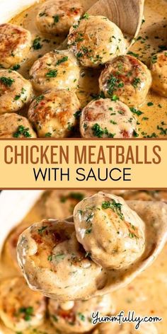 chicken meatballs with sauce in a skillet