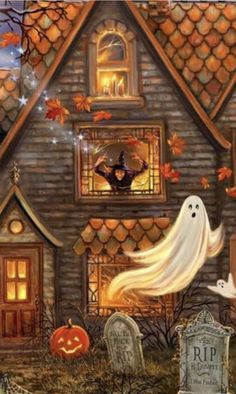 a house decorated for halloween with ghost and pumpkins