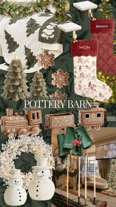 a collage of christmas stockings, candles and other holiday decorations with the words pottery barn on it