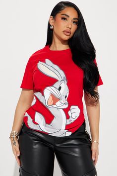 Bugs Bunny Love Graphic Tee - Red Red Cartoon Print Top For Spring, Fitted Red Tops With Character Print, Fitted Red Top With Character Print, Red Cartoon Print T-shirt For Spring, Red Crew Neck Top With Graphic Print, Trendy Red Printed T-shirt, Trendy Printed Red Tops, Trendy Red Printed Top, Red Crew Neck T-shirt With Cartoon Print