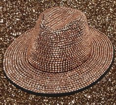 Super fashionable Rhinestone Fedora Hat Gold Wide Brim Fedora For Party, Gold Fedora With Curved Brim For Party, Gold Fedora Hat For Party, Gold Fedora For Party, Party Hats With Rhinestones And Short Brim, Brimmed Party Hats With Rhinestones, Party Hat With Rhinestones And Flat Brim, Glamorous Adjustable Hat With Rhinestones, Glamorous Party Hats With Rhinestones