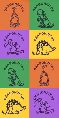 four different types of dinosaurs with the words dragonitos on them