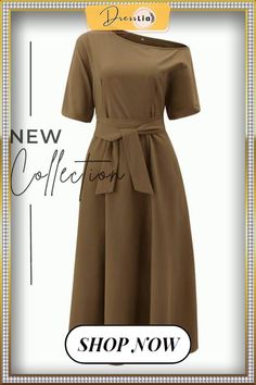 Fashion Oblique Shoulder Strap Dress P11604 Beige A-line Dress, Casual A-line Office Dresses, Chic Solid Color Midi Dress For Daywear, Casual A-line Belted Dress, Belted A-line Midi Dress, Casual Solid Color Sheath Dress, Solid A-line Midi Dress With Belt, Casual Sheath Dress In Solid Color, Beige A-line Dress Solid Color