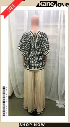 Women's Casualprint V-neck Loose Top + Elastic Waist Wide Leg Pants Set Wide Leg Cotton Harem Pants With Pull-on Style, Relaxed Wide-leg Harem Pants With Elastic Waistband, Elegant Wide-leg Harem Pants With Elastic Waistband, Beige Elastic Waistband Wide-leg Harem Pants, Rayon Wide-leg Harem Pants For Loungewear, Loose Tops, Leg Pants, Elastic Waist, Wide Leg Pants