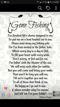 a poem on a cell phone with the words gone fishing