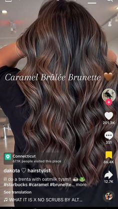 #brunettestyle #caramelbrulee #hair Carmel Brûlée Brunette Hair, Carmel Brown Balayage Hair On Black Hair, Carmel Lowlights Dark Brown Hair, Dark Brunette Balayage Hair Caramel Ombre Chocolate Brown, Latte Brunette Balayage, Chocolate Caramel Balayage, Caramel Brûlée