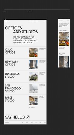 the website for office and studios is displayed on a black background with an image of buildings