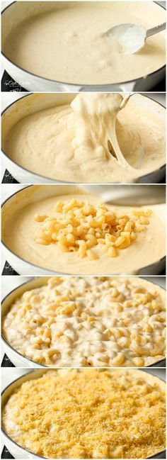 four different stages of making macaroni and cheese