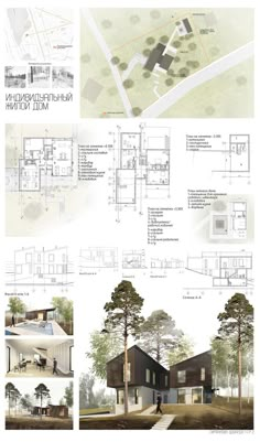 the plans and elevations for this house are shown in three different sections, including one with