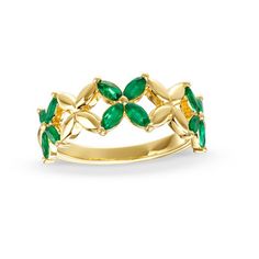 This ring features 0.62 total carat weight of marquise cut emeralds set in an X-shaped flower motif that alternates with 14 karat yellow gold, creating a harmonious and visually striking combination. Diamonds Direct, Flower Motif, Marquise Cut, Emerald, Diamonds, Yellow Gold, Ring, Yellow, Gold