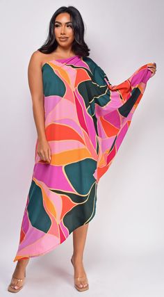 Lainey Pink Abstract One Shoulder Asymmetrical Midi Dress Stretch One-shoulder Beach Dress, Stretch One-shoulder Dress For The Beach, Pink Stretch One-shoulder Maxi Dress, Pink One-shoulder Stretch Maxi Dress, Flowy Sleeveless Dresses With Side Slits, Stretch V-neck Midi Dress With Side Slits, Stretch Midi Dress With Side Slits And V-neck, Pink Stretch One-shoulder Midi Dress, Pink One-shoulder Stretch Midi Dress