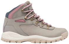 a women's gray and pink hiking boot with laces on the outstep