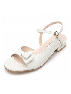 Editor's NotesPretty and practical shoes that will keep you in style while comfortable- Feminine slingback sandals- Topped with ribbon decals- Adjustable ankle strap to secure the feet- Round toeMeasurements (in.)- Size: KR 225 (US 5.5) - KR 250 (US 8)- Heel 0.8 in.- Fits true to the sizeComposition & Care- Cowhide, Synthetic leather- Do not washDesigner- by AMELLIE Feminine Low Heel Sandals With Bow, White Open Toe Heels With Bow Straps, Spring Ankle Strap Sandals With Bow Straps, White Flat Slingback Pumps, White Open Toe Slingback Pumps With Buckle Closure, White Closed Toe Sandals With Bow, Spring Bow Strap Sandals With Round Toe, Summer Slingback Pumps With Bow Straps And Open Toe, Feminine Summer Slingback Pumps With Flat Heel