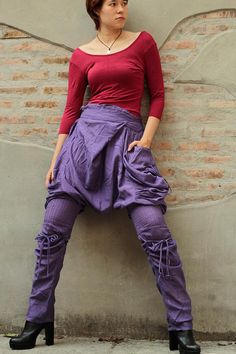 Hippie funky elegant  Pants...mix silk Stream punk (1117) Spring Harem Parachute Pants With Pockets, Baggy Harem Pants With Side Pockets, Purple Baggy Pants For Fall, Loosely Fitted Harem Pants For Fall, Baggy Purple Bottoms For Fall, Harem Bottoms With Pockets For Fall, Avant-garde Cotton Bottoms With Pockets, Fall Harem Pants With Pockets, Fall Harem Bottoms With Pockets