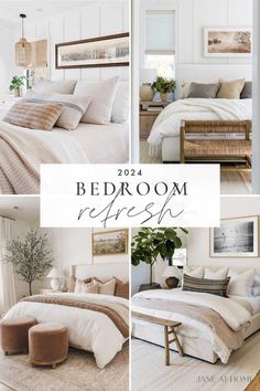 the bedroom refresh is shown in three different pictures, including a bed and pillows