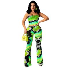 Sexy Summer Fashion Print Strapless Bra Crop Tops Straight-leg Pants Women Clothing Two Piece Set Trendy Green High Waist Jumpsuits And Rompers, Trendy Green High-waist Jumpsuits And Rompers, Trendy Green High Waist Jumpsuit, Trendy Strapless Denim Jumpsuit, Green Fitted Strapless Jumpsuit, Trendy Stretch Strapless Jumpsuit, Summer Prints Fashion, Crop Top Bra, New Pant