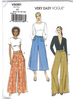 two women's pants and one woman's top are shown in this sewing pattern