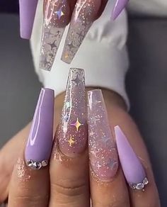 Quinceanera Nails, Purple Glitter Nails, Long Acrylic Nail Designs, Purple Acrylic