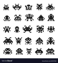 pixelated video game icons set in black and white stock photo royaltyvectors