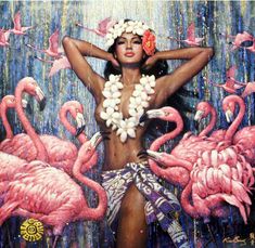 a painting of a woman surrounded by flamingos