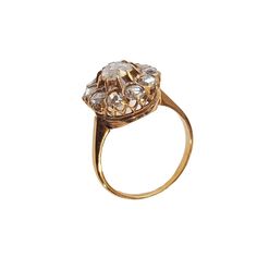 Superb old circa 1920 Rose Cut diamond ring ,14k yellow gold prong mounting with 2.0 mm shanking finger size 4 ,13mm round cluster top center split 4.8mm rose cut diamond approximately 20 points surrounded by 10 rose cuts at 2.7mm 04 points each , gold weight =1.7 dot /2.64grams 1" H by 1.75" w 0.50" D Victorian Yellow Gold Cluster Ring With Diamond Cut, Victorian Cluster Ring In Yellow Gold With Diamond Cut, Victorian Cluster Ring With Rose Cut Diamonds, Victorian Rose Gold Round Diamond Ring, Antique 14k Gold Cluster Ring With Rose Cut Diamonds, Victorian 14k Gold Diamond Ring With Rose Cut Diamonds, Victorian 14k Gold Ring With Rose Cut Diamonds, Victorian Yellow Gold Rings With Rose Cut Diamonds, Classic Yellow Gold Cluster Ring With Rose Cut Diamonds