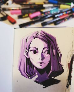 a drawing of a girl with purple hair