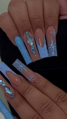 Simple Blue Winter Nails, Blue Holiday Nails, Elsa Nails, 16 Nails, Blue Christmas Nails, Acrylic Toes, January Nails, Anime Nails, Blue Acrylic Nails