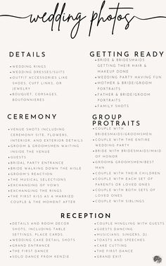 the wedding photography checklist is shown in black and white