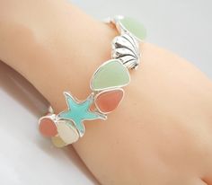 Bohemian Starfish Sea Glass & Resin Bracelet Beach Silver Dollar Theme NEW