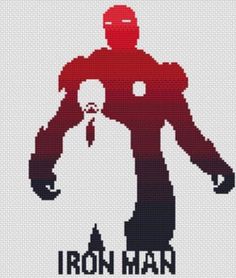 an iron man cross stitch pattern with the words iron man in black and red colors