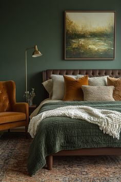 29 Cozy Bedroom Green Ideas to Elevate Your Interior with Natural Tones Olive Bedspread Bedroom, Slate Green Bedroom, Sage Green Orange Bedroom, Dark Green Forest Bedroom, Deep Green Bedroom Walls, Brown Green And White Bedroom, Green Bedroom With Black Furniture, Forest Green And Burnt Orange Bedroom, Earthy Green Bedroom Ideas