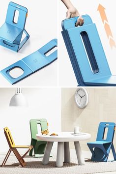 four different pictures of chairs and tables in various colors