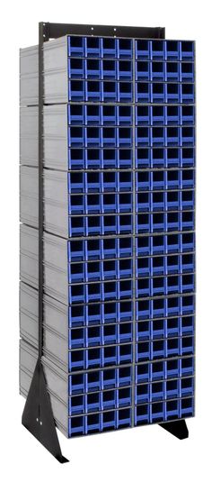 a large stack of blue and gray bins on top of each other in front of a white background