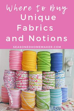 colorful spools of yarn with text overlay saying where to buy unique fabrics and nations