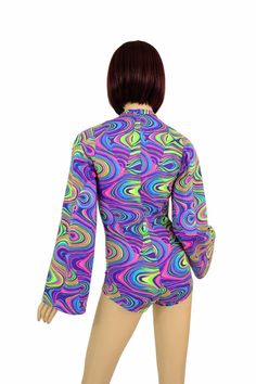 "This item is made to order, please read all the way through the listing before purchasing! This bodysuit is made of a beautiful UV glow worm print lycra spandex Long Bell cut sleeves and boy cut legs. This fabric has an amazing bright neon glow under UV blacklight. Deep, plunging v neckline. Four way stretch for a figure forming fit. This bodysuit is unlined. Womens Sizing (See below for instructions on where measurements should be taken) XXS: Bust 29\"-30\" / Waist 22\"-23\" / Hips 30\"-32\" E Fitted Rave Swimwear For Spring, Spring Rave Fitted Swimwear, Fitted Multicolor Swimwear For Music Festival, Rave Style Fitted Swimwear For Spring, Spring Rave Swimwear, Fitted Swimwear For Spring Music Festival, Printed Long Sleeve Bodysuit For Parties, Multicolor Bodysuit For Spring Festival, Retro Fitted Multicolor Bodysuit