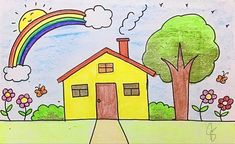 a drawing of a yellow house with a rainbow in the sky and flowers around it