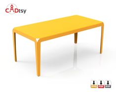 a yellow table sitting on top of a white floor